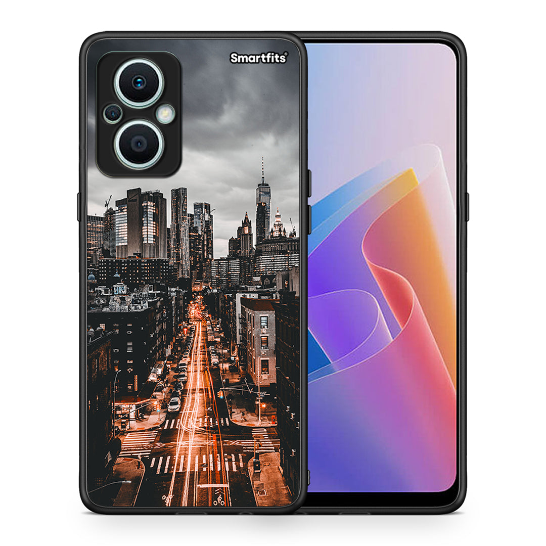 Θήκη Oppo Reno7 Lite City Lights από τη Smartfits με σχέδιο στο πίσω μέρος και μαύρο περίβλημα | Oppo Reno7 Lite City Lights Case with Colorful Back and Black Bezels