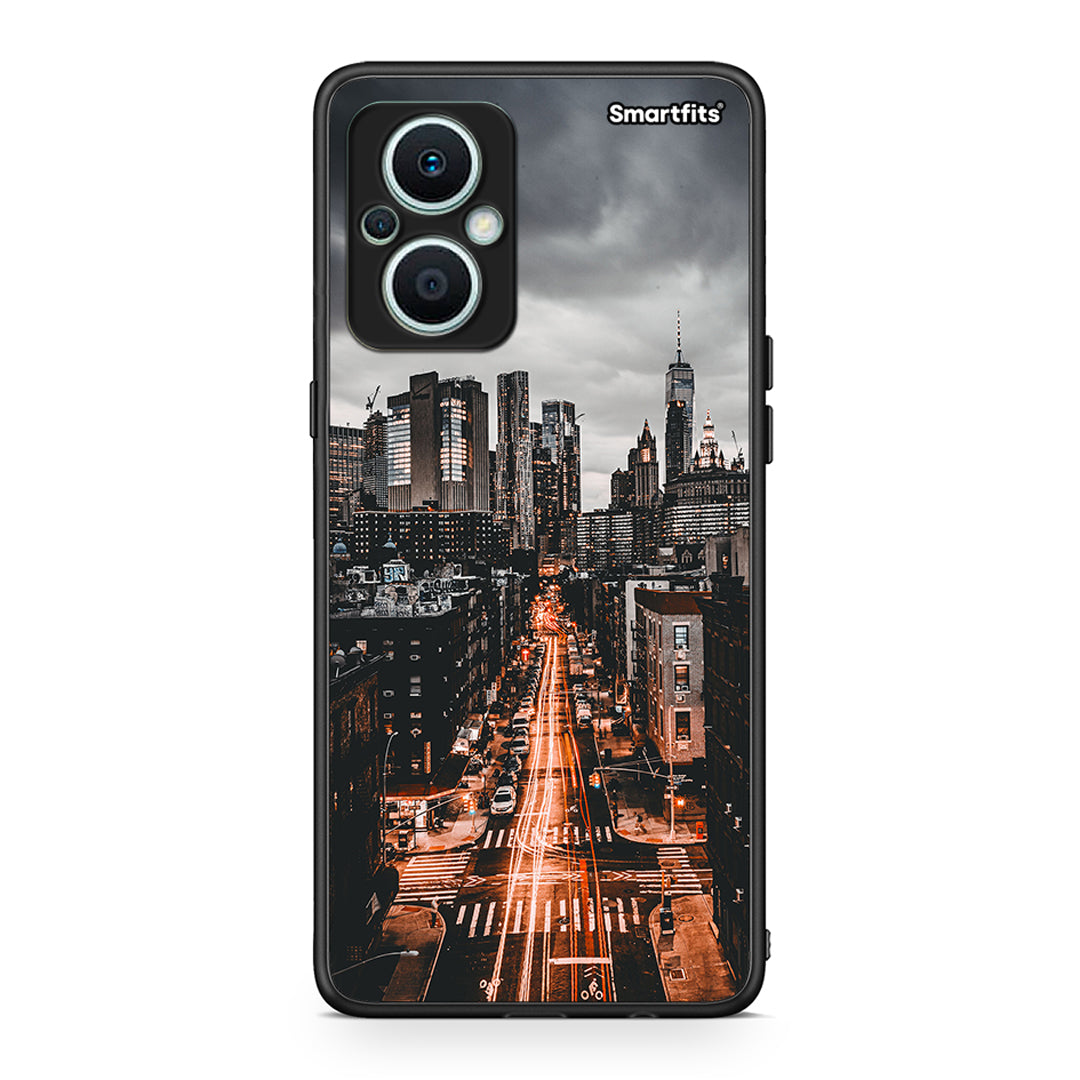 Θήκη Oppo Reno7 Lite City Lights από τη Smartfits με σχέδιο στο πίσω μέρος και μαύρο περίβλημα | Oppo Reno7 Lite City Lights Case with Colorful Back and Black Bezels