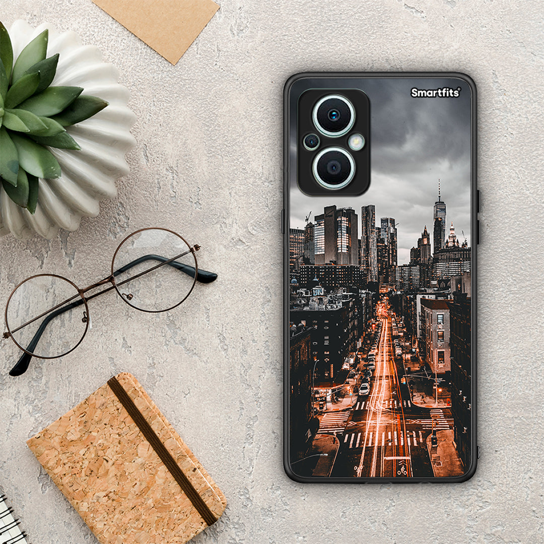 Θήκη Oppo Reno7 Lite City Lights από τη Smartfits με σχέδιο στο πίσω μέρος και μαύρο περίβλημα | Oppo Reno7 Lite City Lights Case with Colorful Back and Black Bezels