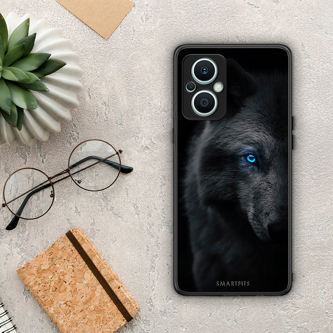 Θήκη Oppo Reno7 Lite Dark Wolf από τη Smartfits με σχέδιο στο πίσω μέρος και μαύρο περίβλημα | Oppo Reno7 Lite Dark Wolf Case with Colorful Back and Black Bezels