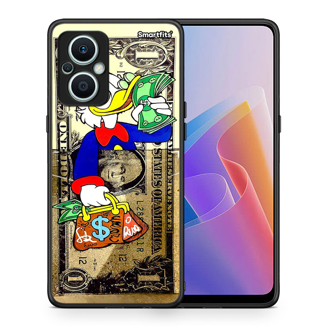 Θήκη Oppo Reno7 Lite Duck Money από τη Smartfits με σχέδιο στο πίσω μέρος και μαύρο περίβλημα | Oppo Reno7 Lite Duck Money Case with Colorful Back and Black Bezels