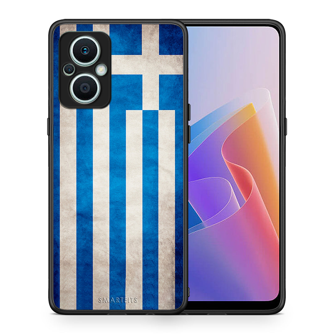 Θήκη Oppo Reno7 Lite Flag Greek από τη Smartfits με σχέδιο στο πίσω μέρος και μαύρο περίβλημα | Oppo Reno7 Lite Flag Greek Case with Colorful Back and Black Bezels