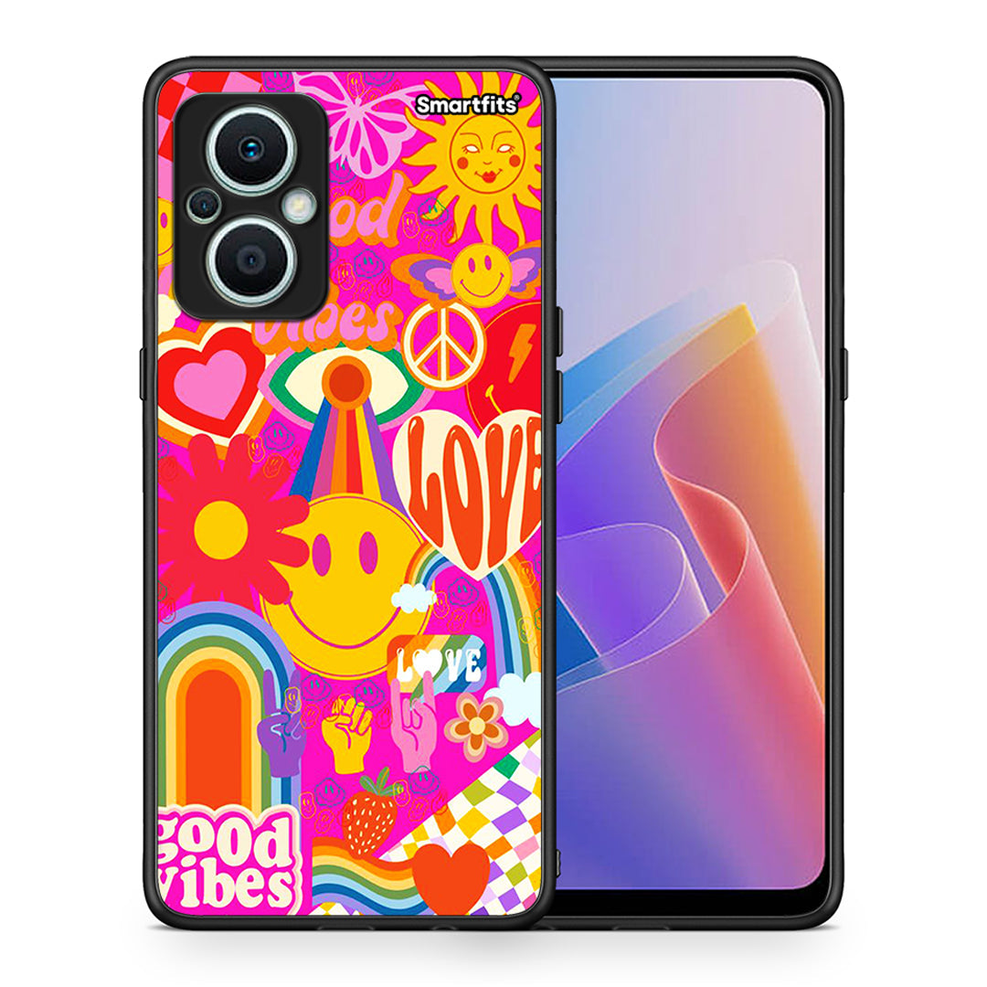 Θήκη Oppo Reno7 Lite Hippie Love από τη Smartfits με σχέδιο στο πίσω μέρος και μαύρο περίβλημα | Oppo Reno7 Lite Hippie Love Case with Colorful Back and Black Bezels