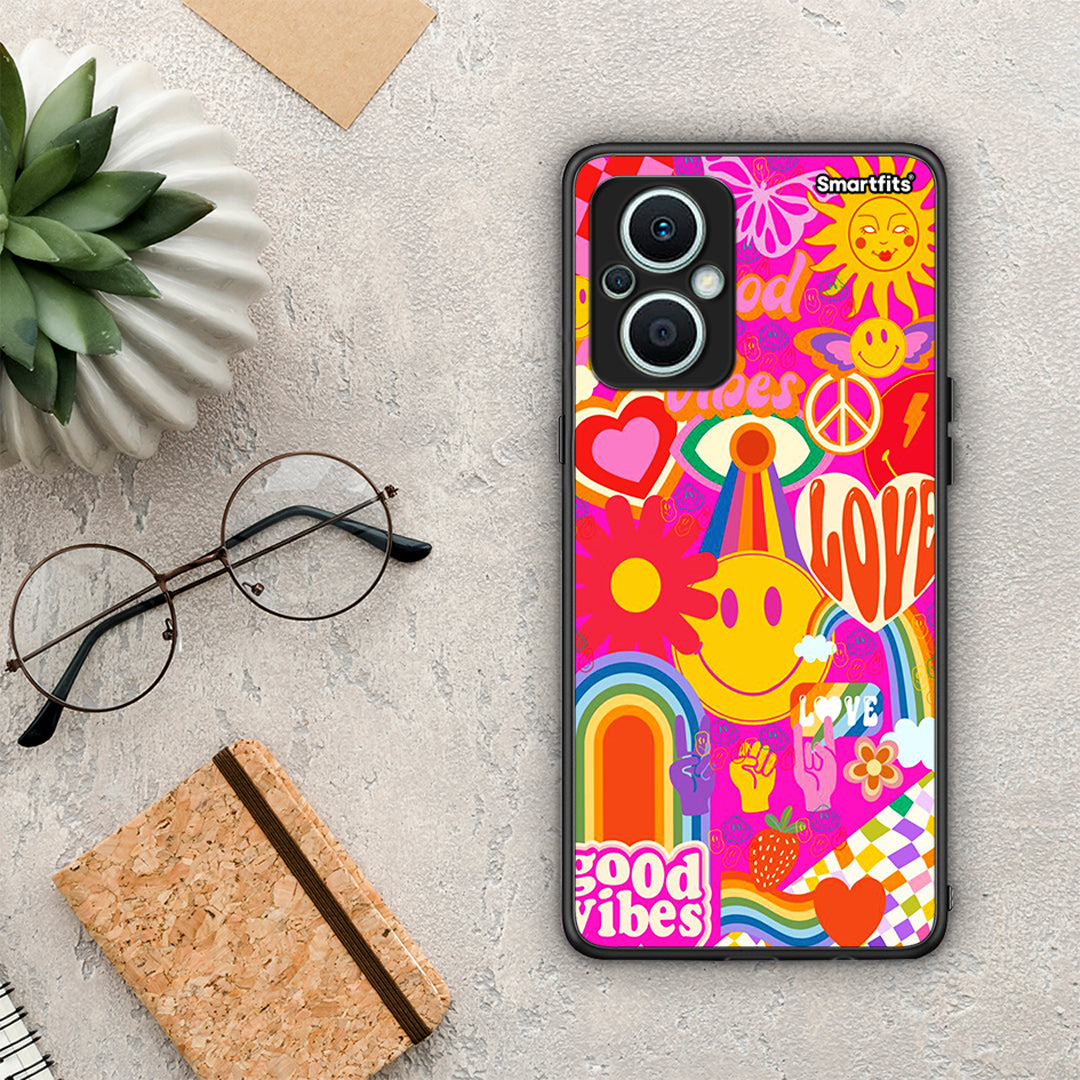 Θήκη Oppo Reno7 Lite Hippie Love από τη Smartfits με σχέδιο στο πίσω μέρος και μαύρο περίβλημα | Oppo Reno7 Lite Hippie Love Case with Colorful Back and Black Bezels