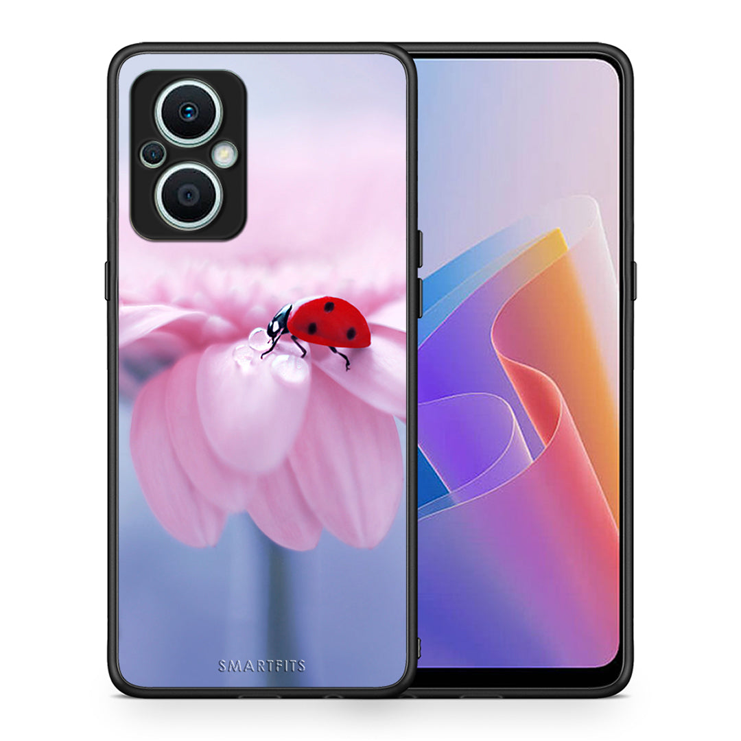 Θήκη Oppo Reno7 Lite Ladybug Flower από τη Smartfits με σχέδιο στο πίσω μέρος και μαύρο περίβλημα | Oppo Reno7 Lite Ladybug Flower Case with Colorful Back and Black Bezels