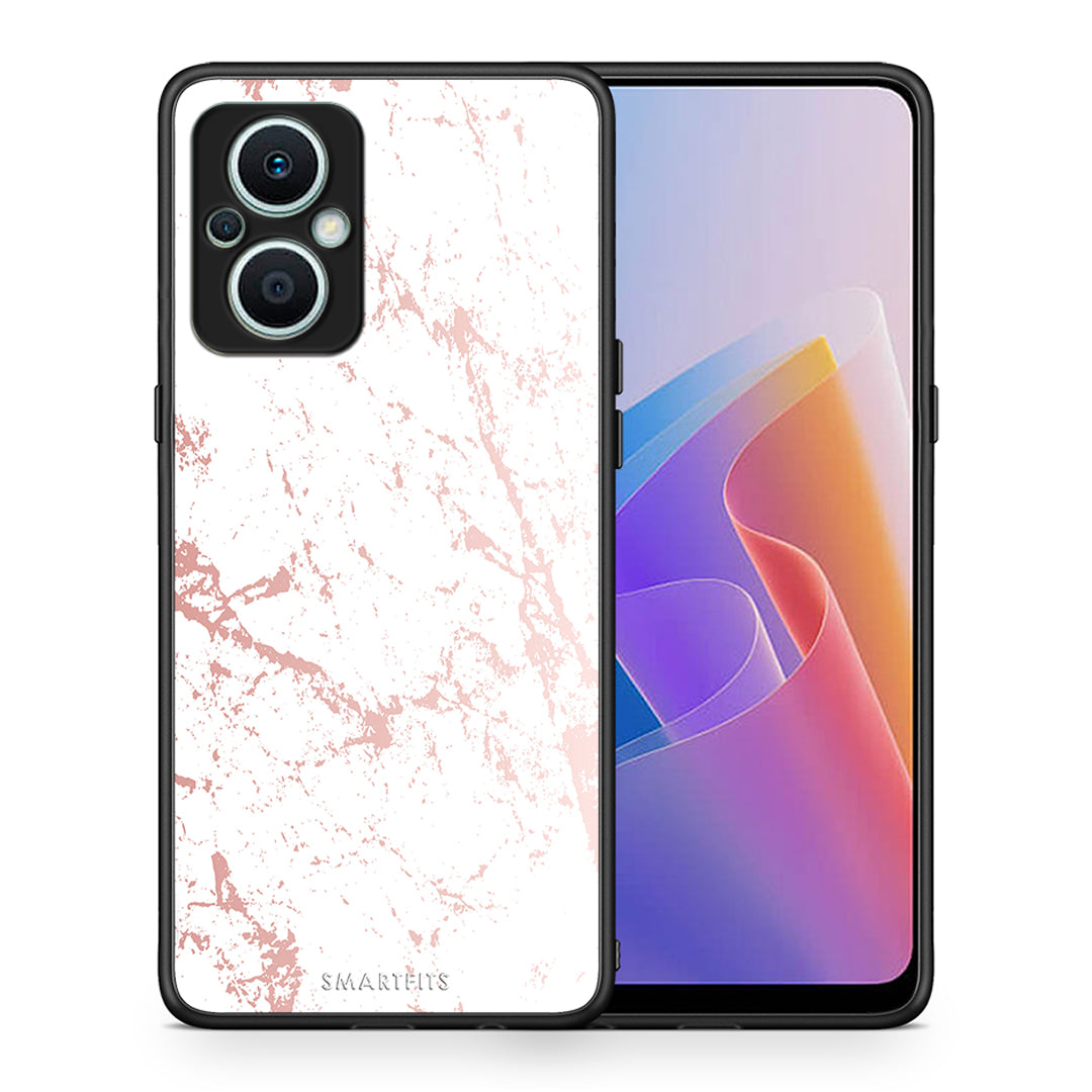 Θήκη Oppo Reno7 Lite Marble Pink Splash από τη Smartfits με σχέδιο στο πίσω μέρος και μαύρο περίβλημα | Oppo Reno7 Lite Marble Pink Splash Case with Colorful Back and Black Bezels