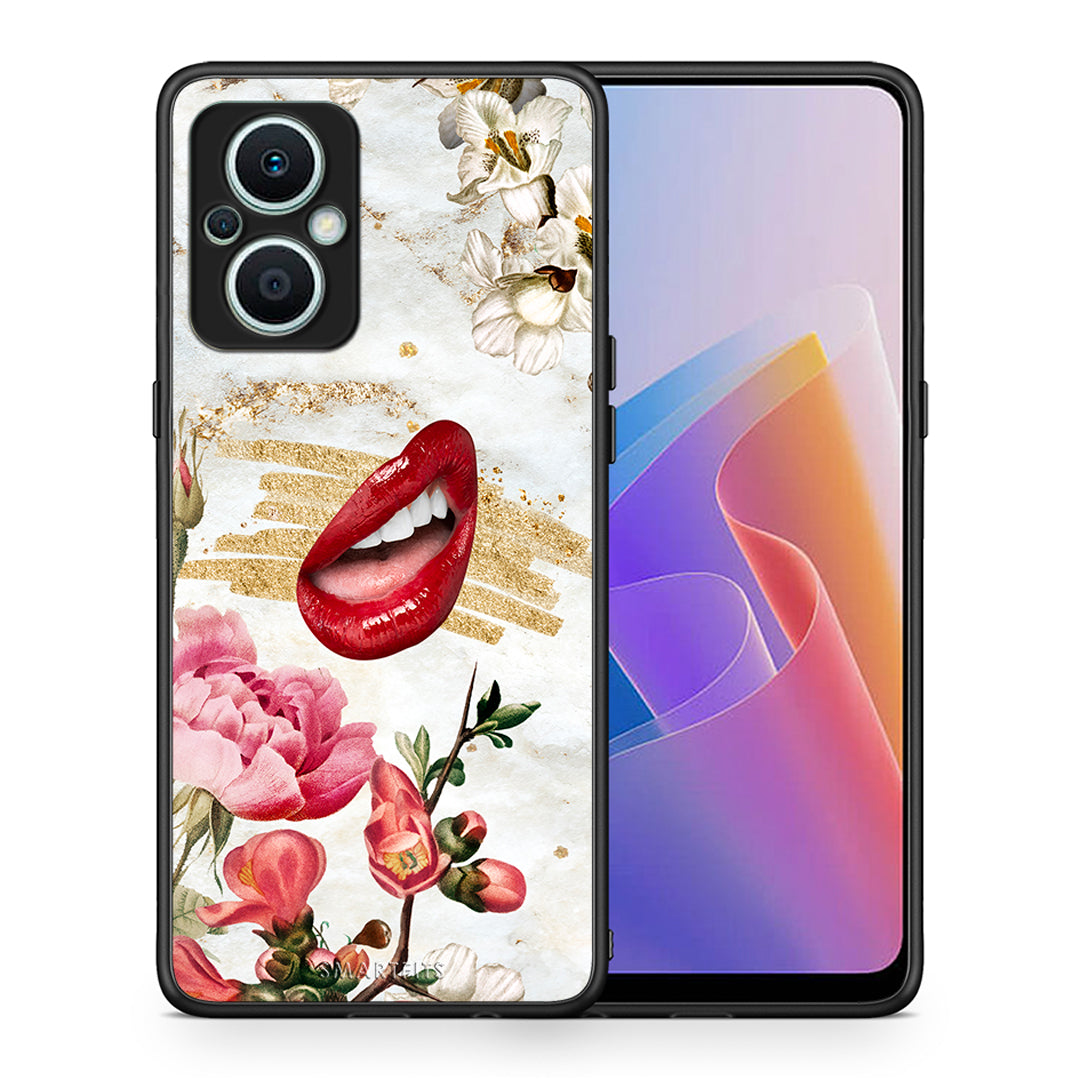 Θήκη Oppo Reno7 Lite Red Lips από τη Smartfits με σχέδιο στο πίσω μέρος και μαύρο περίβλημα | Oppo Reno7 Lite Red Lips Case with Colorful Back and Black Bezels