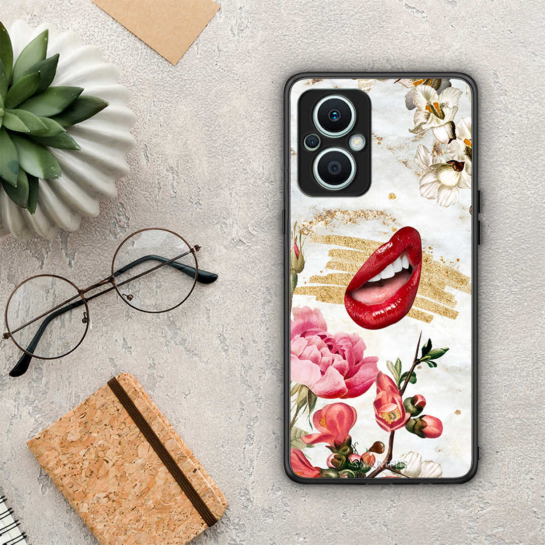 Θήκη Oppo Reno7 Lite Red Lips από τη Smartfits με σχέδιο στο πίσω μέρος και μαύρο περίβλημα | Oppo Reno7 Lite Red Lips Case with Colorful Back and Black Bezels