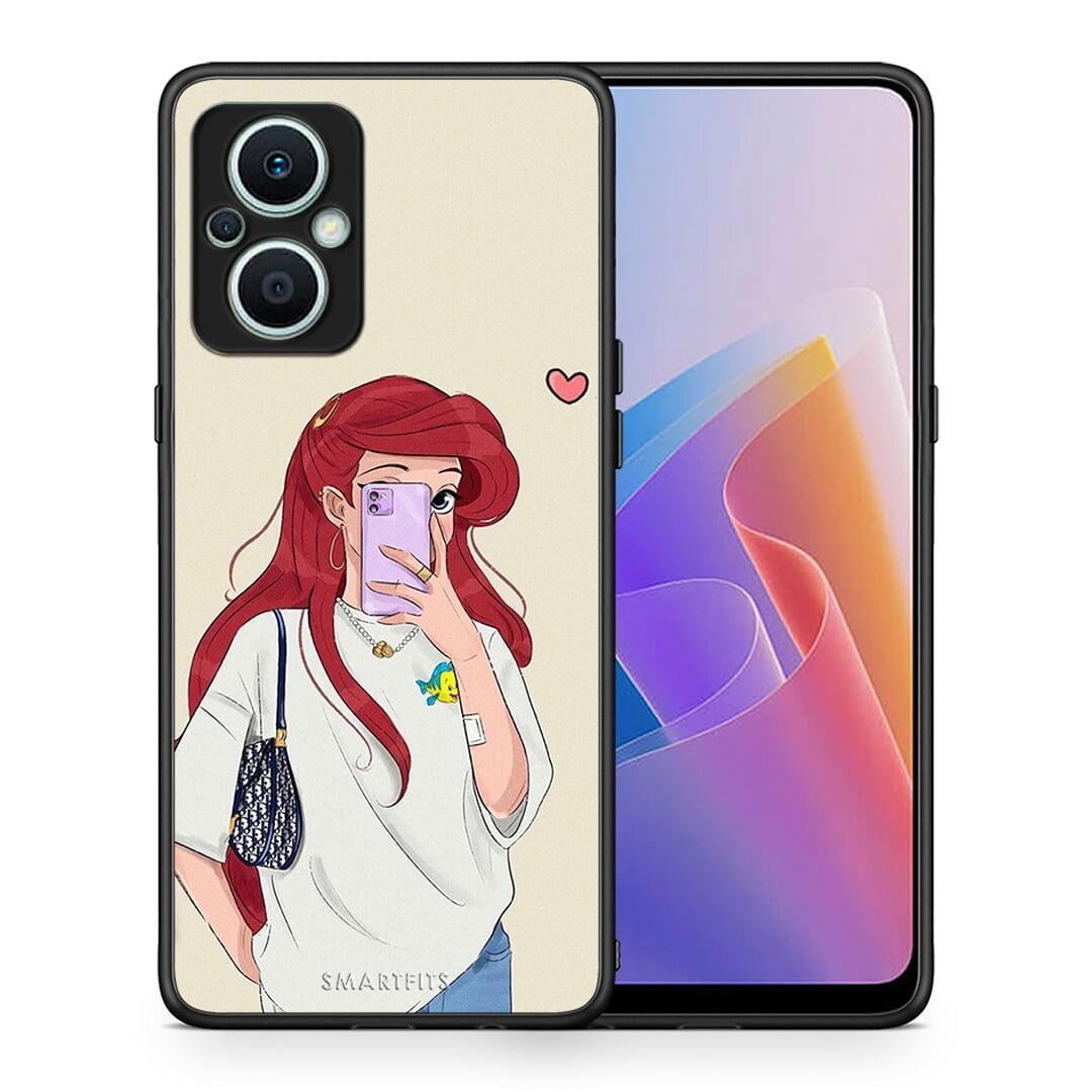 Θήκη Oppo Reno7 Lite Walking Mermaid από τη Smartfits με σχέδιο στο πίσω μέρος και μαύρο περίβλημα | Oppo Reno7 Lite Walking Mermaid Case with Colorful Back and Black Bezels