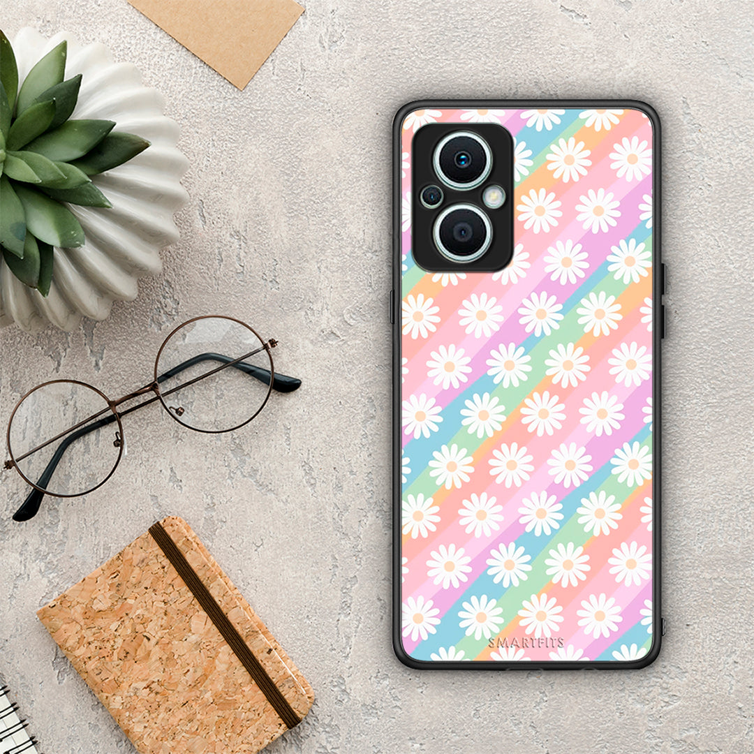 Θήκη Oppo Reno7 Lite White Daisies από τη Smartfits με σχέδιο στο πίσω μέρος και μαύρο περίβλημα | Oppo Reno7 Lite White Daisies Case with Colorful Back and Black Bezels