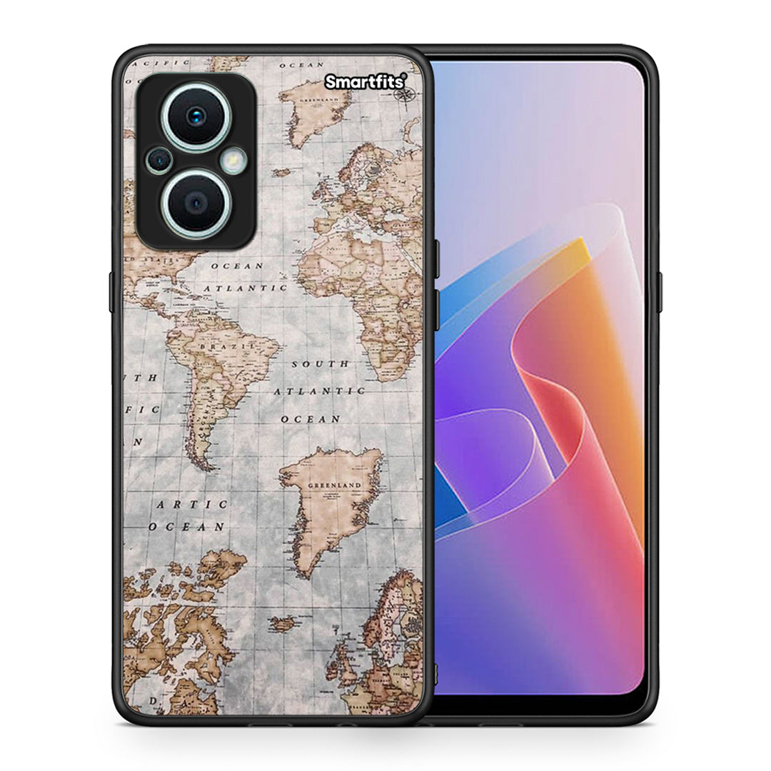 Θήκη Oppo Reno7 Lite World Map από τη Smartfits με σχέδιο στο πίσω μέρος και μαύρο περίβλημα | Oppo Reno7 Lite World Map Case with Colorful Back and Black Bezels