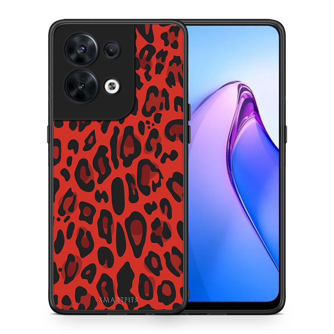 Θήκη Oppo Reno8 5G Animal Red Leopard από τη Smartfits με σχέδιο στο πίσω μέρος και μαύρο περίβλημα | Oppo Reno8 5G Animal Red Leopard Case with Colorful Back and Black Bezels