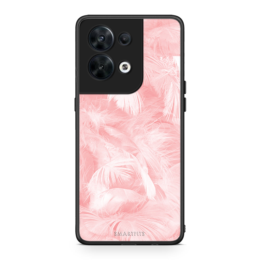 Θήκη Oppo Reno8 5G Boho Pink Feather από τη Smartfits με σχέδιο στο πίσω μέρος και μαύρο περίβλημα | Oppo Reno8 5G Boho Pink Feather Case with Colorful Back and Black Bezels