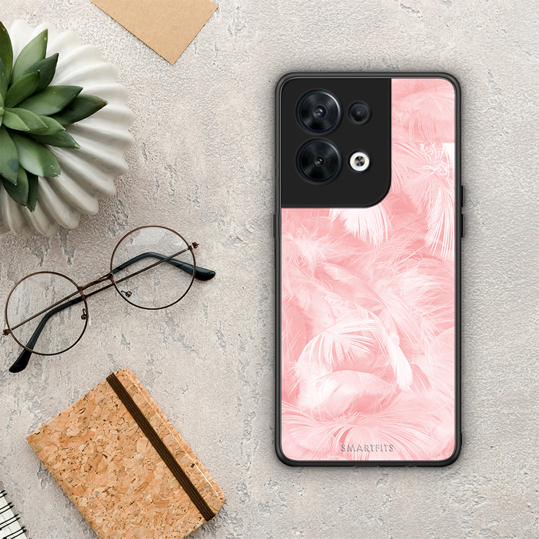 Θήκη Oppo Reno8 5G Boho Pink Feather από τη Smartfits με σχέδιο στο πίσω μέρος και μαύρο περίβλημα | Oppo Reno8 5G Boho Pink Feather Case with Colorful Back and Black Bezels