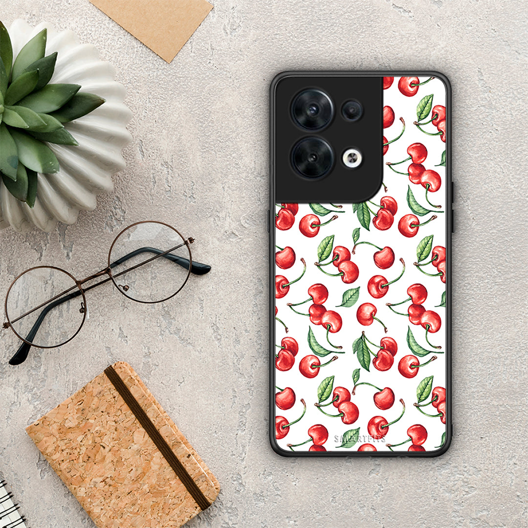 Θήκη Oppo Reno8 5G Cherry Summer από τη Smartfits με σχέδιο στο πίσω μέρος και μαύρο περίβλημα | Oppo Reno8 5G Cherry Summer Case with Colorful Back and Black Bezels