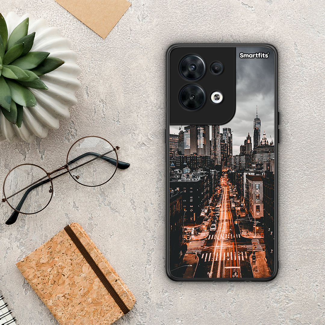 Θήκη Oppo Reno8 5G City Lights από τη Smartfits με σχέδιο στο πίσω μέρος και μαύρο περίβλημα | Oppo Reno8 5G City Lights Case with Colorful Back and Black Bezels