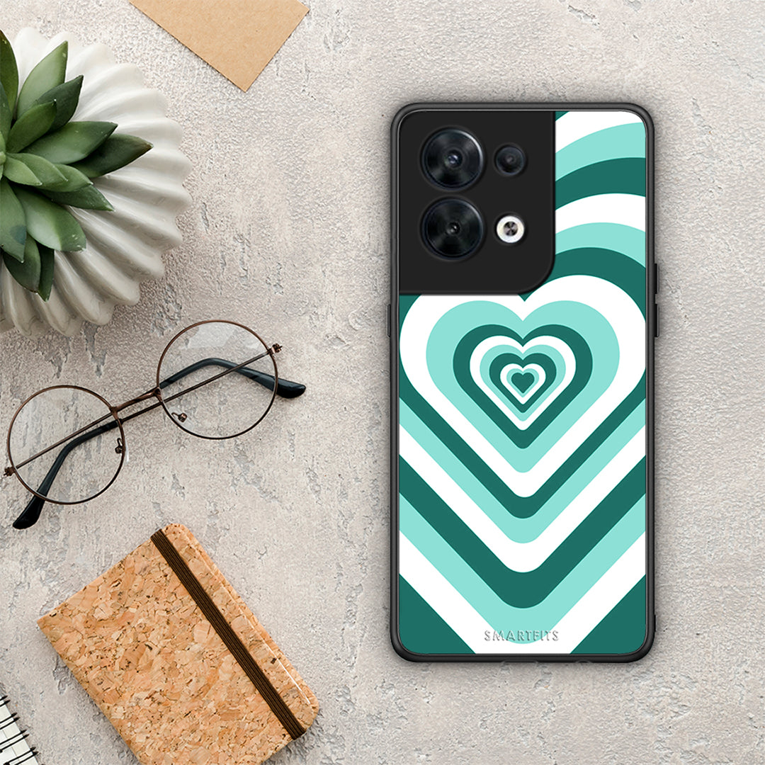 Θήκη Oppo Reno8 5G Green Hearts από τη Smartfits με σχέδιο στο πίσω μέρος και μαύρο περίβλημα | Oppo Reno8 5G Green Hearts Case with Colorful Back and Black Bezels