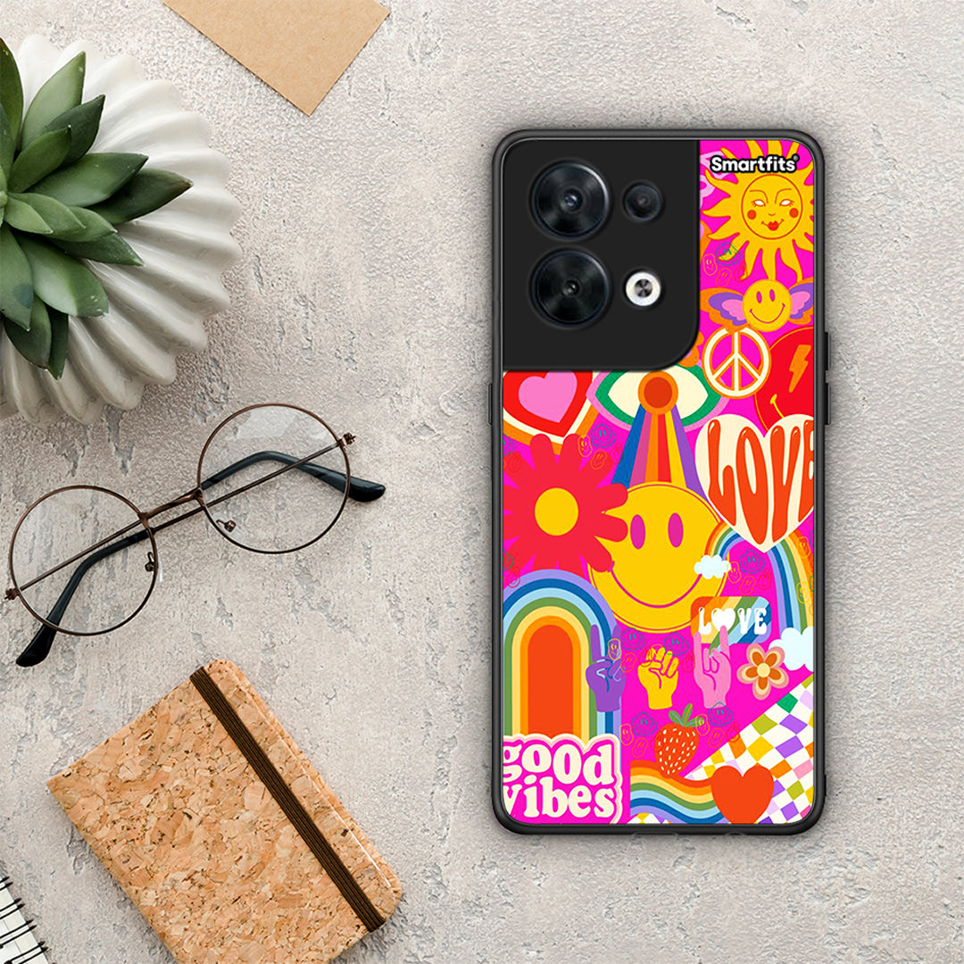 Θήκη Oppo Reno8 5G Hippie Love από τη Smartfits με σχέδιο στο πίσω μέρος και μαύρο περίβλημα | Oppo Reno8 5G Hippie Love Case with Colorful Back and Black Bezels