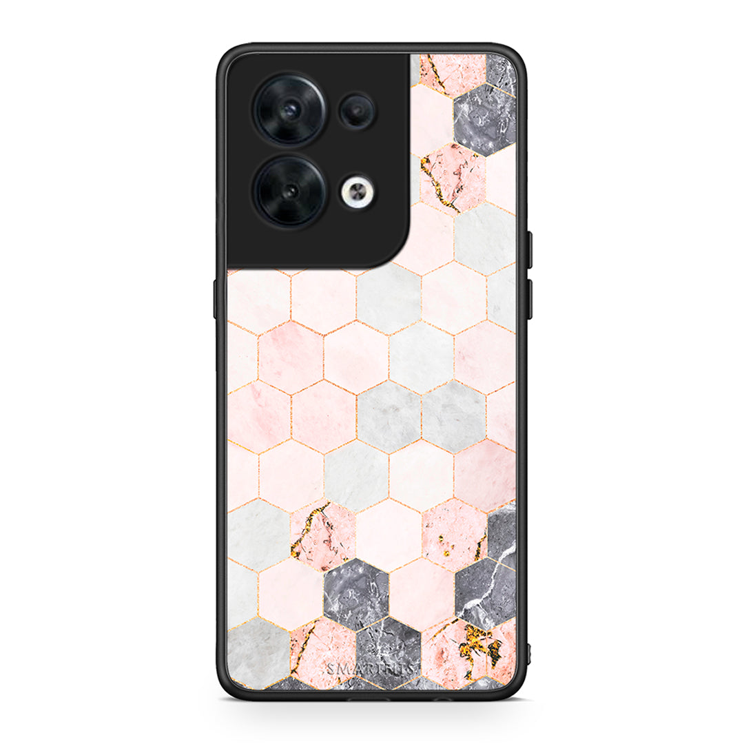 Θήκη Oppo Reno8 5G Marble Hexagon Pink από τη Smartfits με σχέδιο στο πίσω μέρος και μαύρο περίβλημα | Oppo Reno8 5G Marble Hexagon Pink Case with Colorful Back and Black Bezels