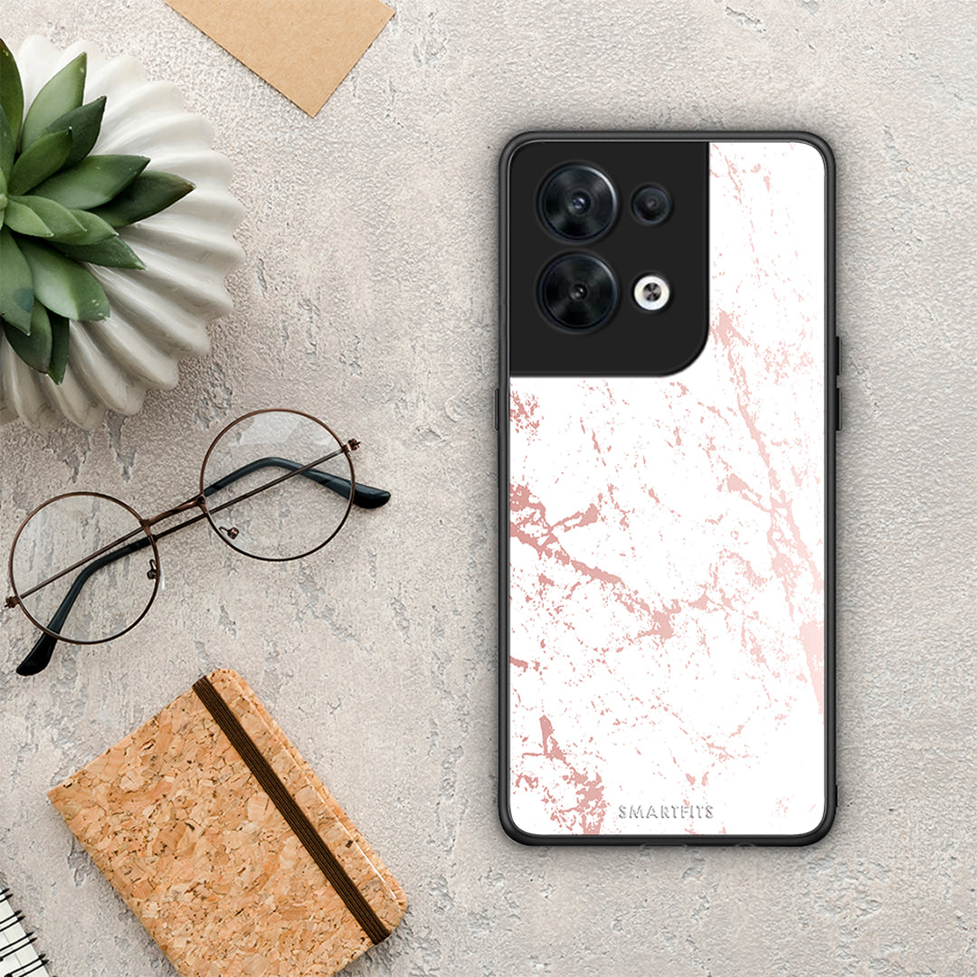 Θήκη Oppo Reno8 5G Marble Pink Splash από τη Smartfits με σχέδιο στο πίσω μέρος και μαύρο περίβλημα | Oppo Reno8 5G Marble Pink Splash Case with Colorful Back and Black Bezels