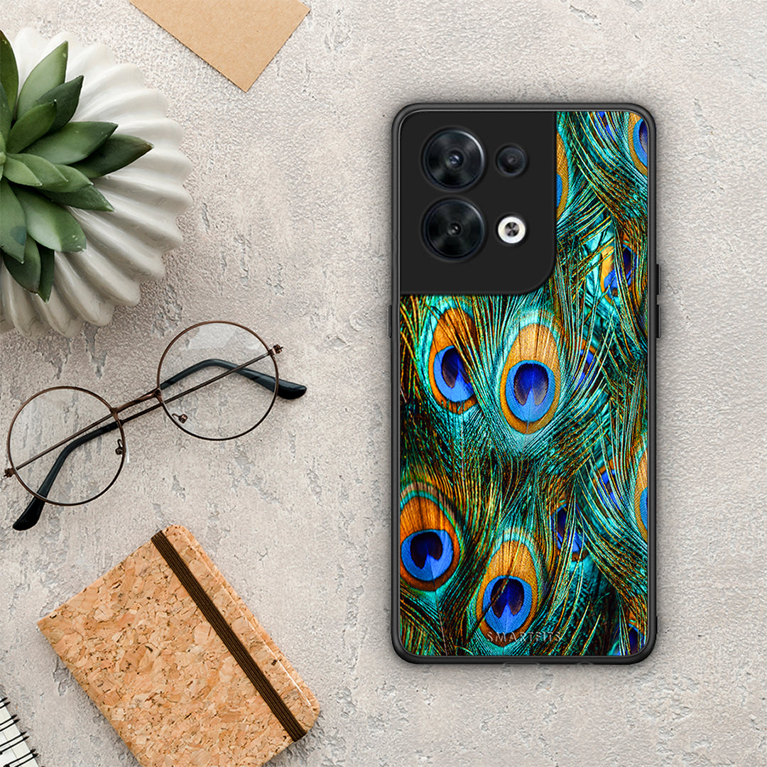 Θήκη Oppo Reno8 5G Real Peacock Feathers από τη Smartfits με σχέδιο στο πίσω μέρος και μαύρο περίβλημα | Oppo Reno8 5G Real Peacock Feathers Case with Colorful Back and Black Bezels