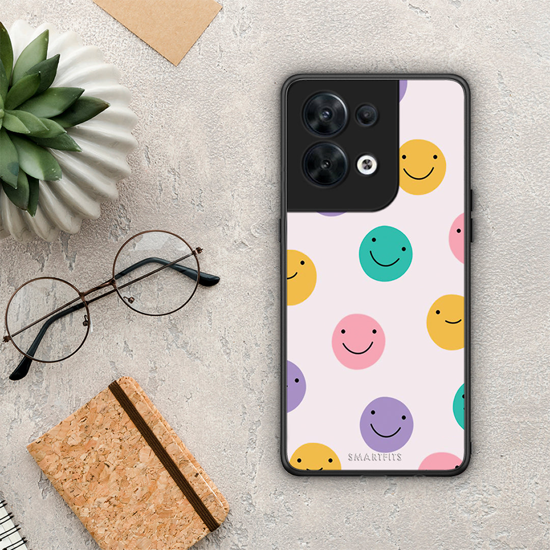 Θήκη Oppo Reno8 5G Smiley Faces από τη Smartfits με σχέδιο στο πίσω μέρος και μαύρο περίβλημα | Oppo Reno8 5G Smiley Faces Case with Colorful Back and Black Bezels