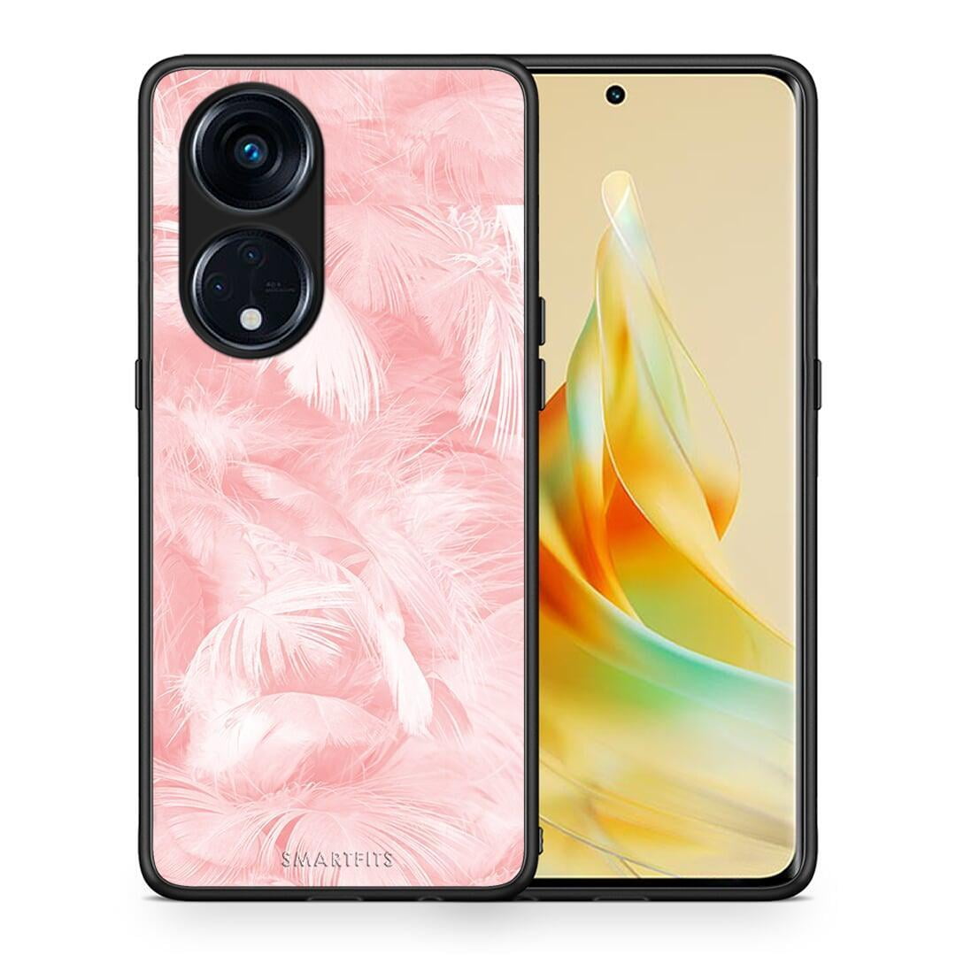 Θήκη Oppo Reno8T 5G / A98 Boho Pink Feather από τη Smartfits με σχέδιο στο πίσω μέρος και μαύρο περίβλημα | Oppo Reno8T 5G / A98 Boho Pink Feather Case with Colorful Back and Black Bezels