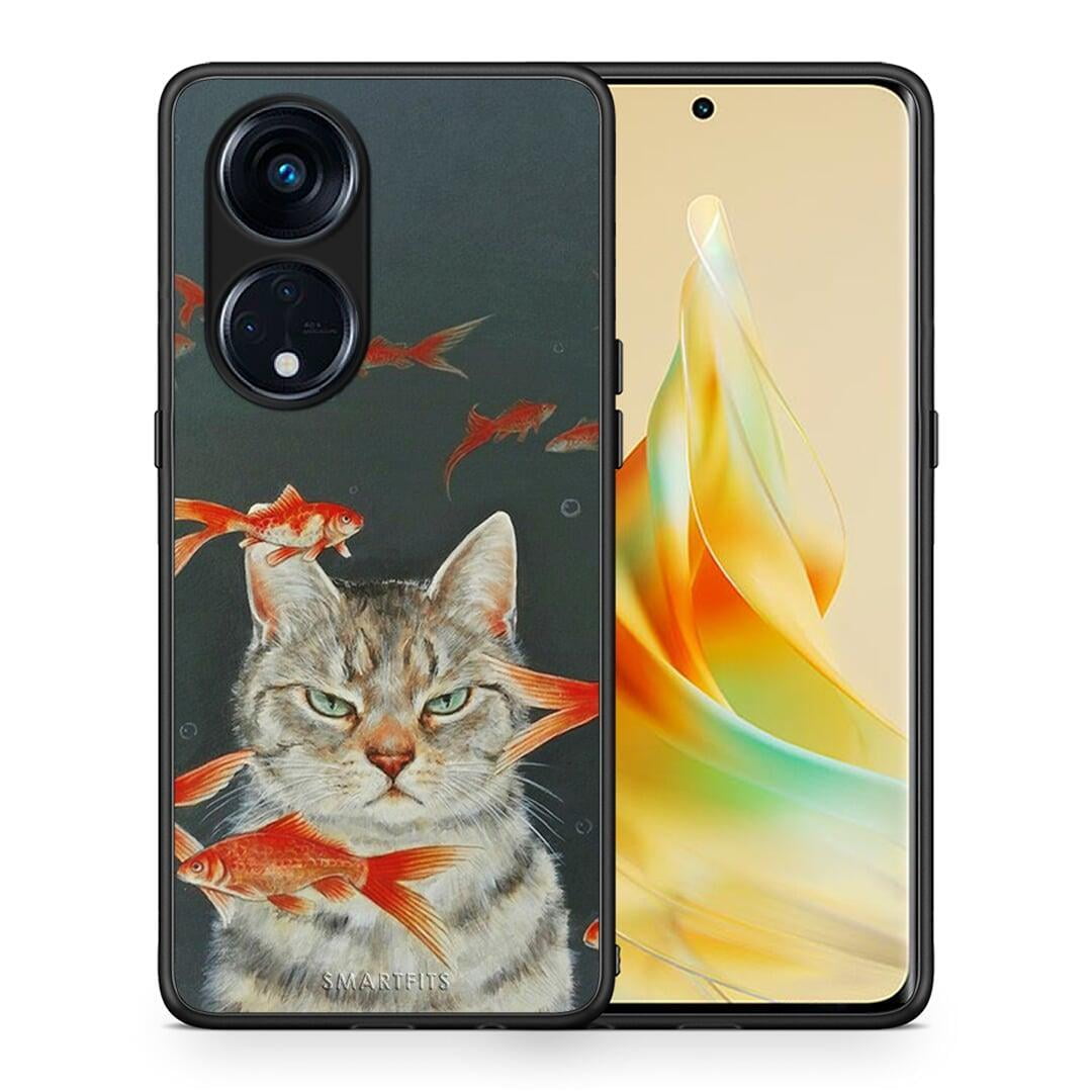 Θήκη Oppo Reno8T 5G / A98 Cat Goldfish από τη Smartfits με σχέδιο στο πίσω μέρος και μαύρο περίβλημα | Oppo Reno8T 5G / A98 Cat Goldfish Case with Colorful Back and Black Bezels