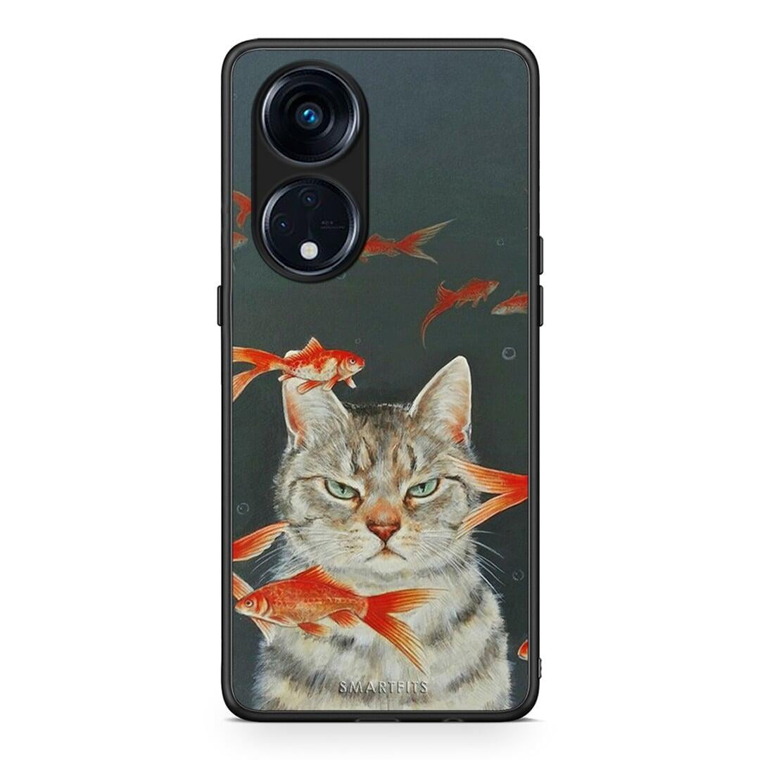 Θήκη Oppo Reno8T 5G / A98 Cat Goldfish από τη Smartfits με σχέδιο στο πίσω μέρος και μαύρο περίβλημα | Oppo Reno8T 5G / A98 Cat Goldfish Case with Colorful Back and Black Bezels