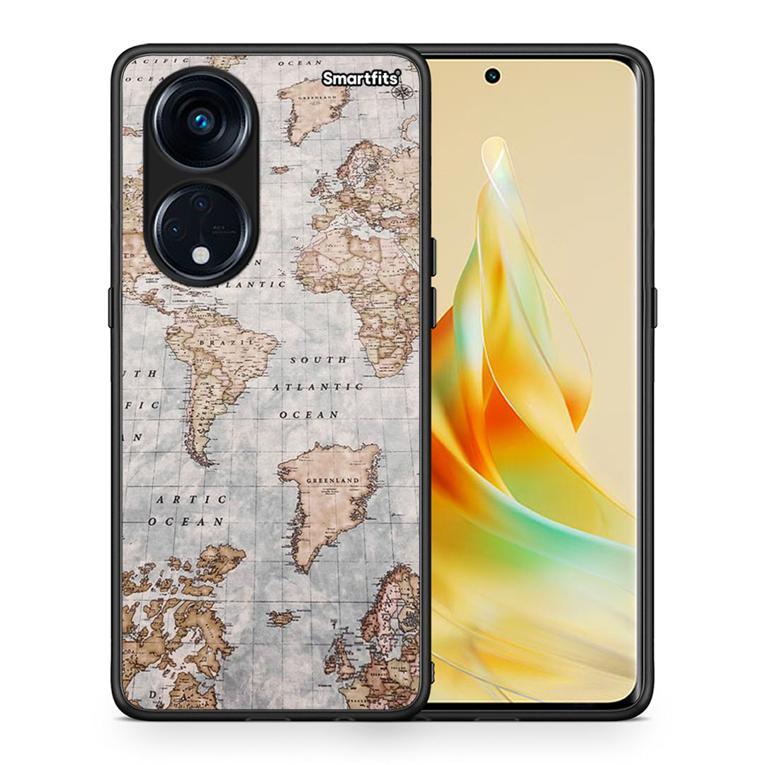 Θήκη Oppo Reno8T 5G / A98 World Map από τη Smartfits με σχέδιο στο πίσω μέρος και μαύρο περίβλημα | Oppo Reno8T 5G / A98 World Map Case with Colorful Back and Black Bezels