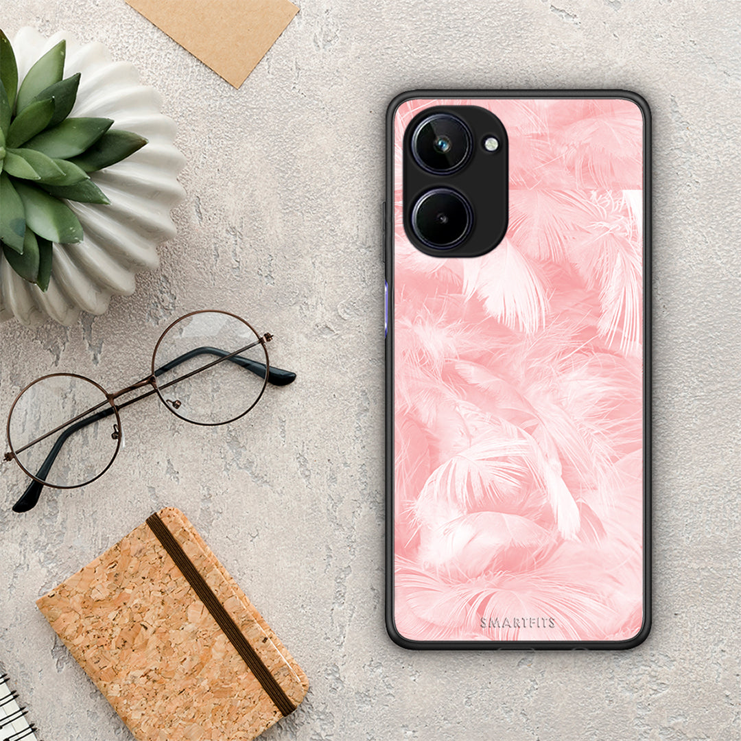 Θήκη Realme 10 Boho Pink Feather από τη Smartfits με σχέδιο στο πίσω μέρος και μαύρο περίβλημα | Realme 10 Boho Pink Feather Case with Colorful Back and Black Bezels