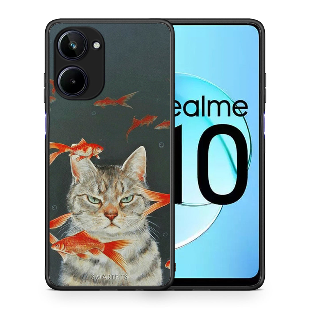 Θήκη Realme 10 Cat Goldfish από τη Smartfits με σχέδιο στο πίσω μέρος και μαύρο περίβλημα | Realme 10 Cat Goldfish Case with Colorful Back and Black Bezels