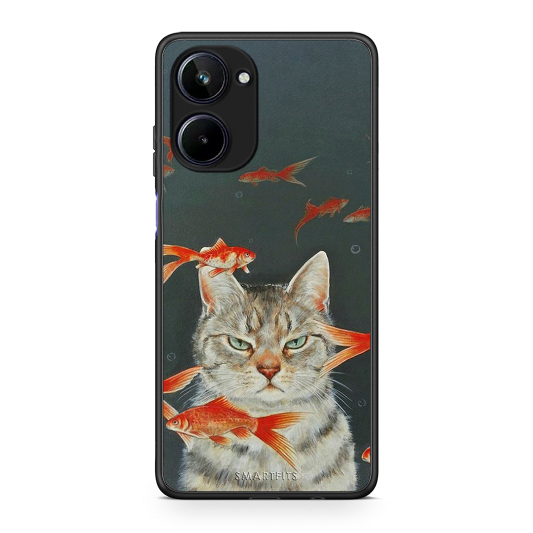 Θήκη Realme 10 Cat Goldfish από τη Smartfits με σχέδιο στο πίσω μέρος και μαύρο περίβλημα | Realme 10 Cat Goldfish Case with Colorful Back and Black Bezels