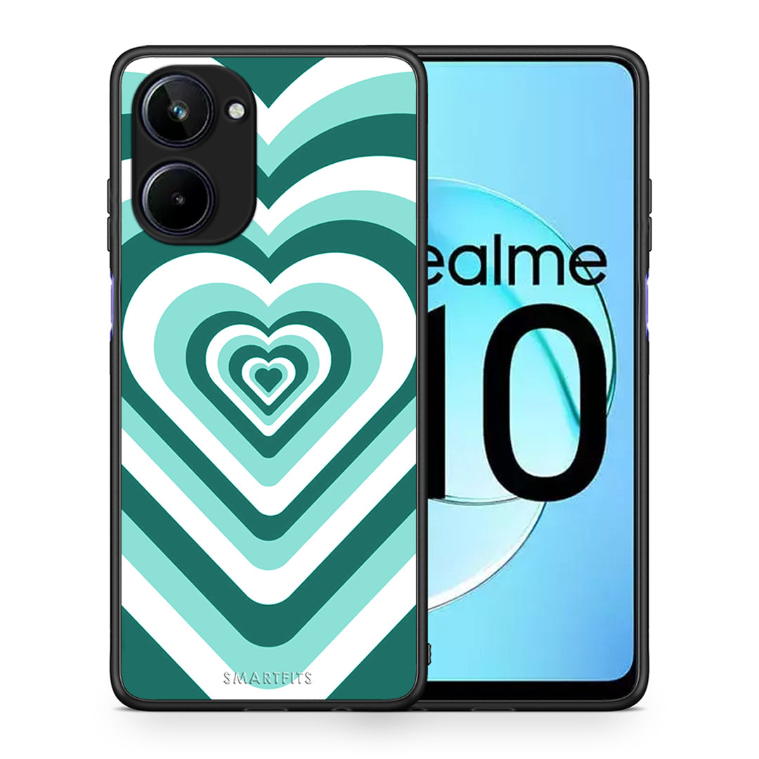 Θήκη Realme 10 Green Hearts από τη Smartfits με σχέδιο στο πίσω μέρος και μαύρο περίβλημα | Realme 10 Green Hearts Case with Colorful Back and Black Bezels