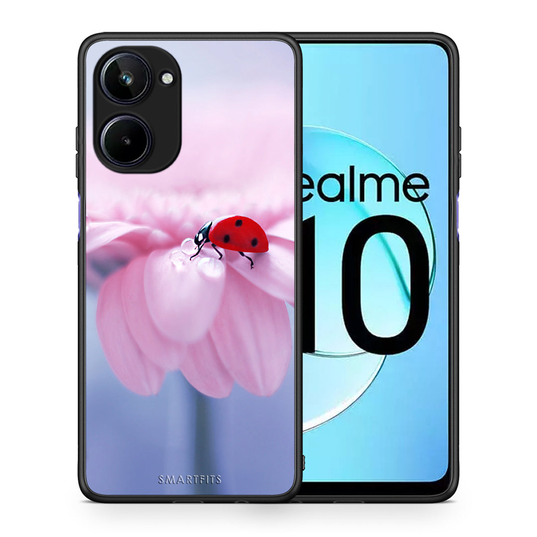 Θήκη Realme 10 Ladybug Flower από τη Smartfits με σχέδιο στο πίσω μέρος και μαύρο περίβλημα | Realme 10 Ladybug Flower Case with Colorful Back and Black Bezels