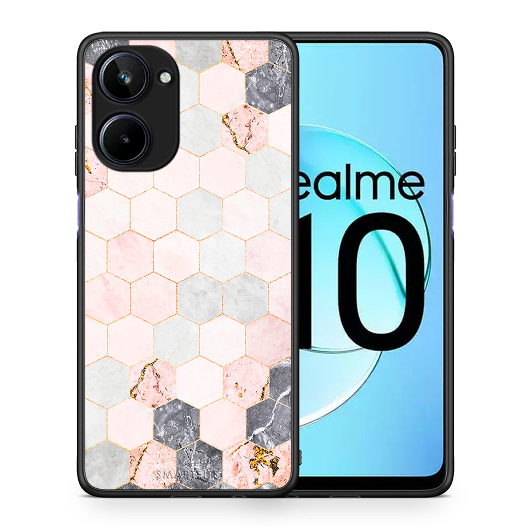 Θήκη Realme 10 Marble Hexagon Pink από τη Smartfits με σχέδιο στο πίσω μέρος και μαύρο περίβλημα | Realme 10 Marble Hexagon Pink Case with Colorful Back and Black Bezels