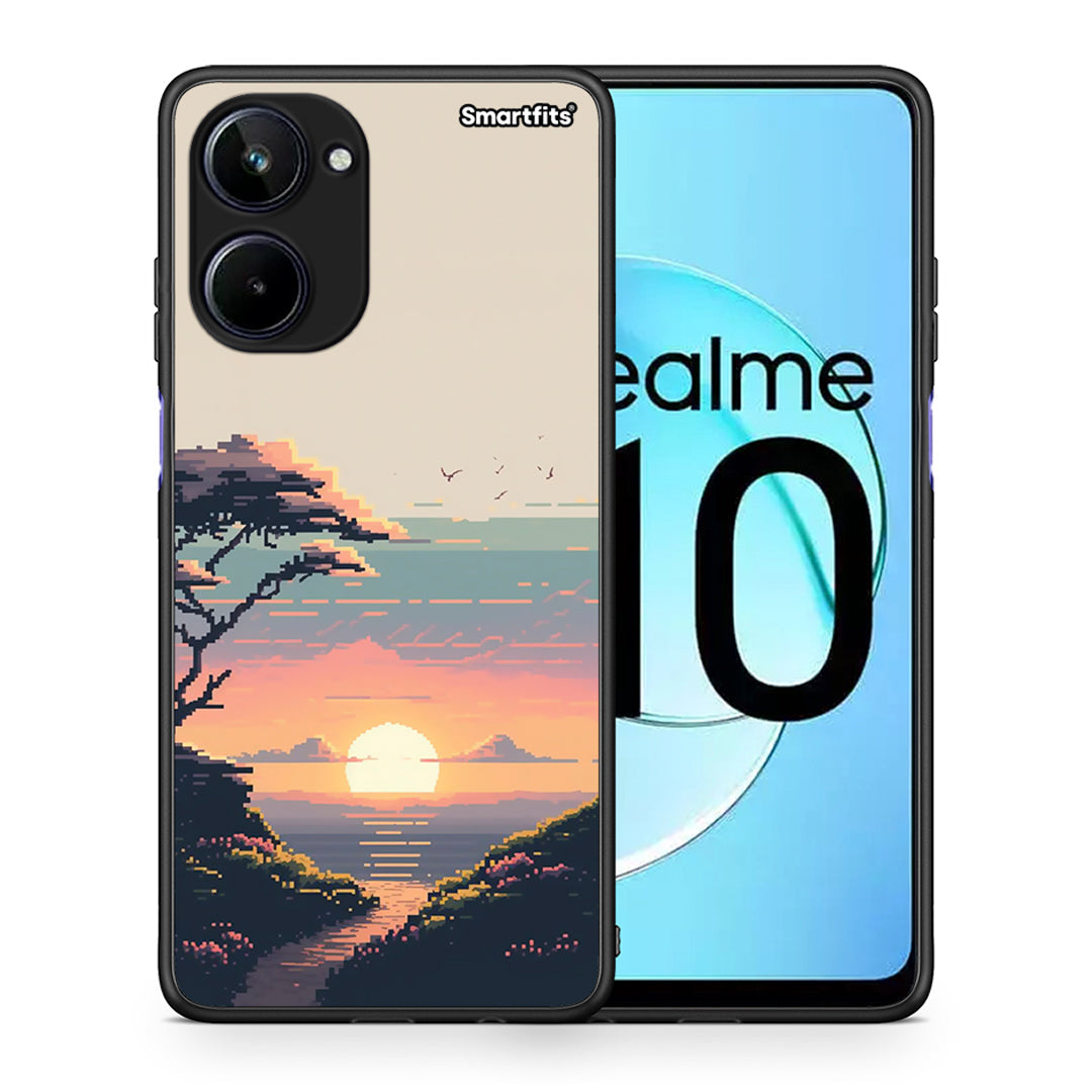 Θήκη Realme 10 Pixel Sunset από τη Smartfits με σχέδιο στο πίσω μέρος και μαύρο περίβλημα | Realme 10 Pixel Sunset Case with Colorful Back and Black Bezels