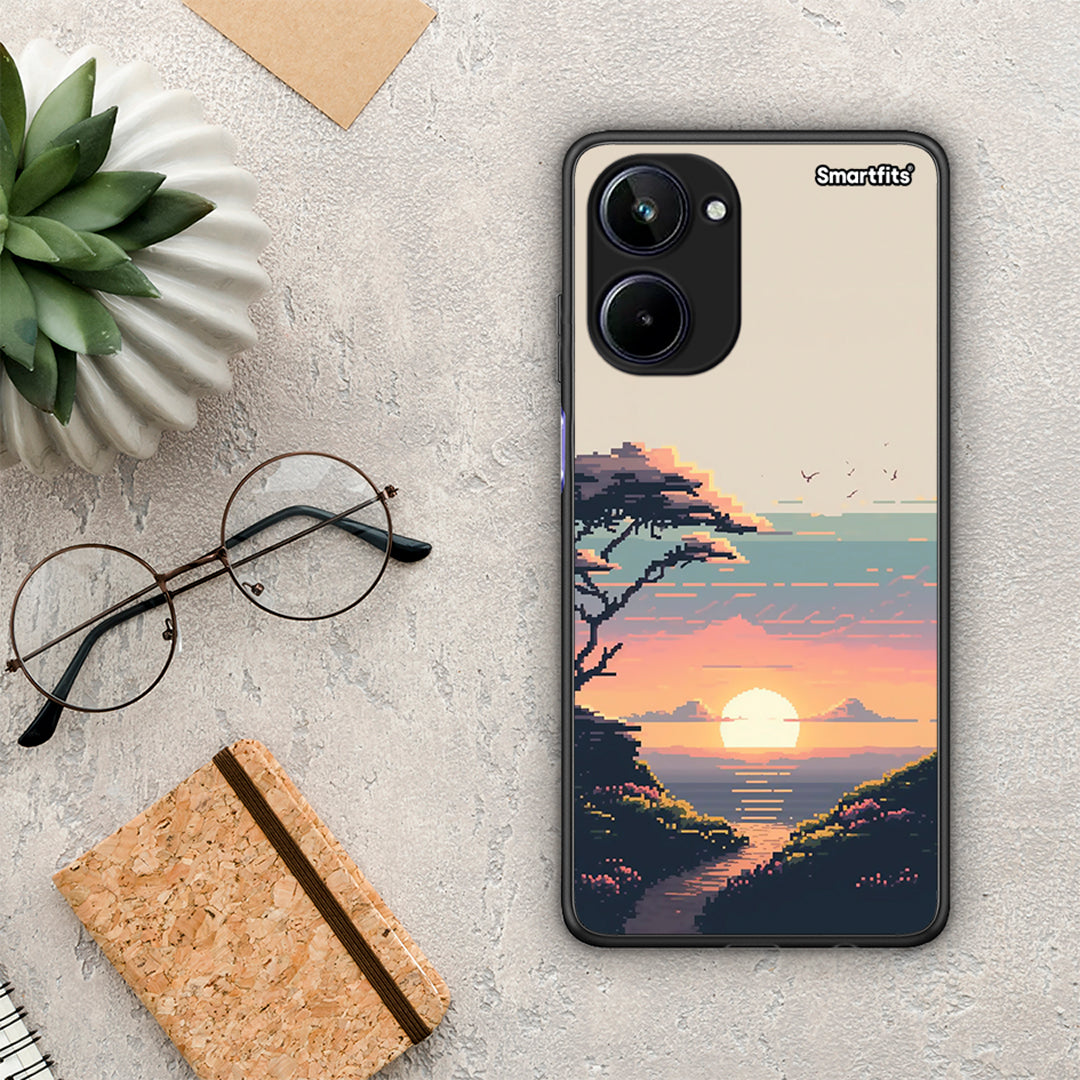 Θήκη Realme 10 Pixel Sunset από τη Smartfits με σχέδιο στο πίσω μέρος και μαύρο περίβλημα | Realme 10 Pixel Sunset Case with Colorful Back and Black Bezels