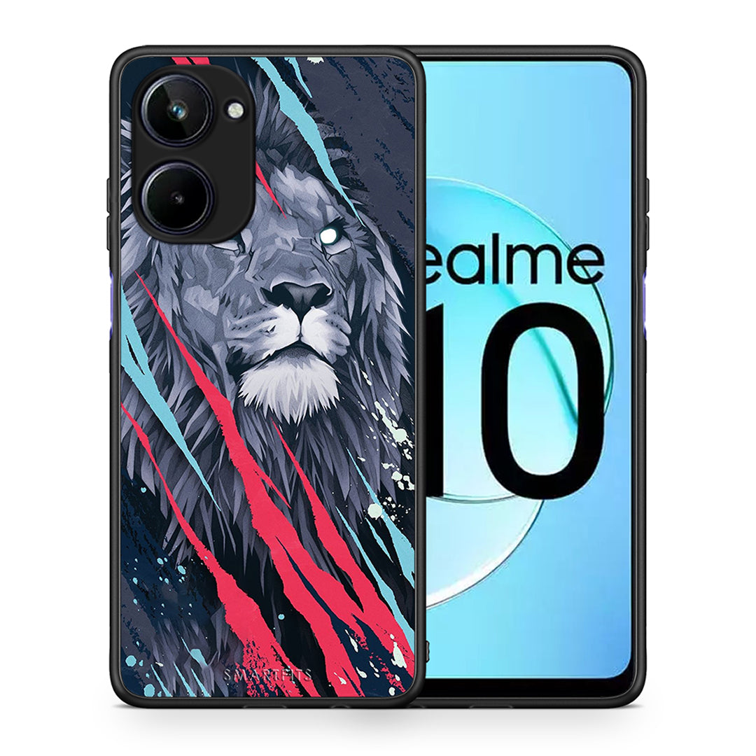 Θήκη Realme 10 PopArt Lion Designer από τη Smartfits με σχέδιο στο πίσω μέρος και μαύρο περίβλημα | Realme 10 PopArt Lion Designer Case with Colorful Back and Black Bezels