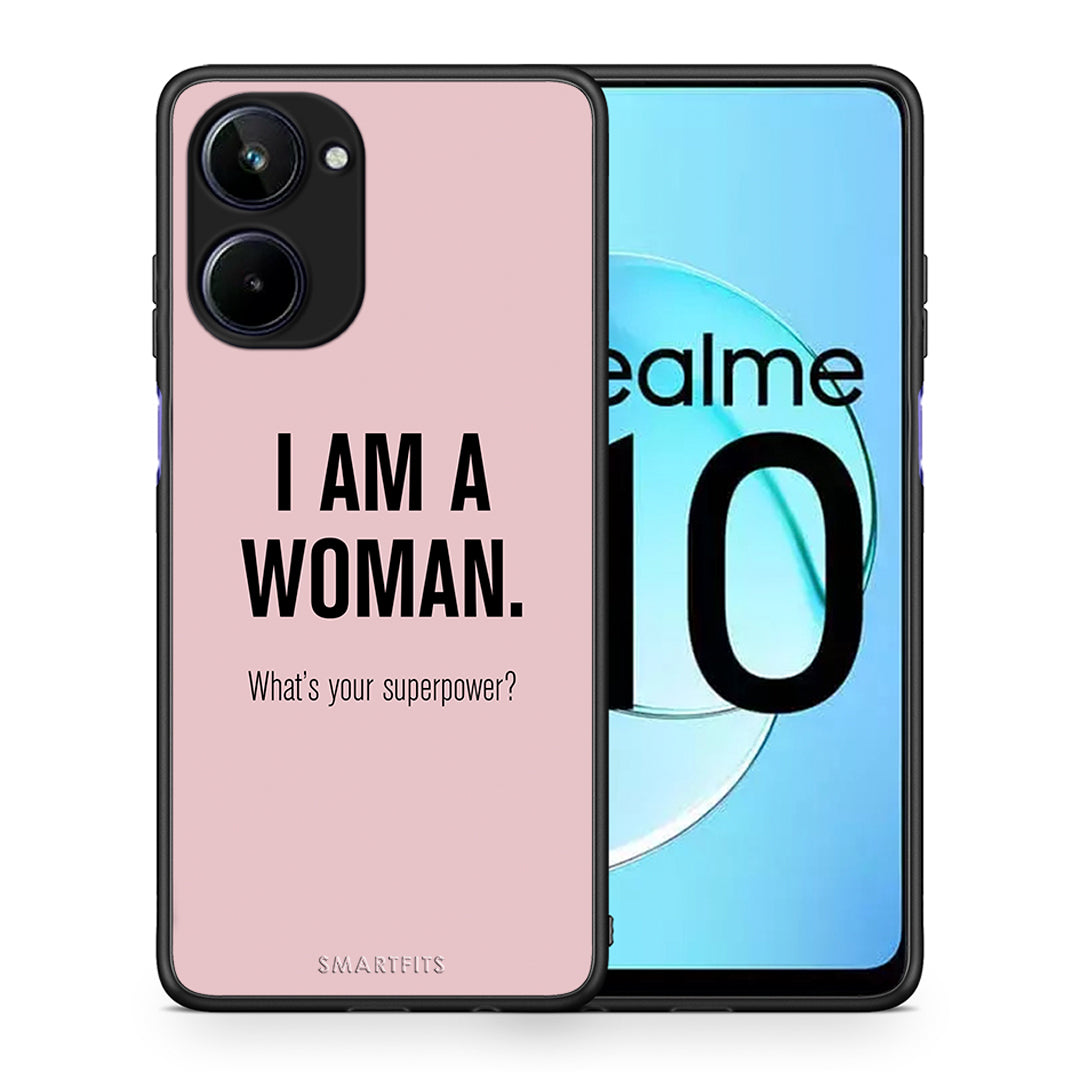 Θήκη Realme 10 Superpower Woman από τη Smartfits με σχέδιο στο πίσω μέρος και μαύρο περίβλημα | Realme 10 Superpower Woman Case with Colorful Back and Black Bezels