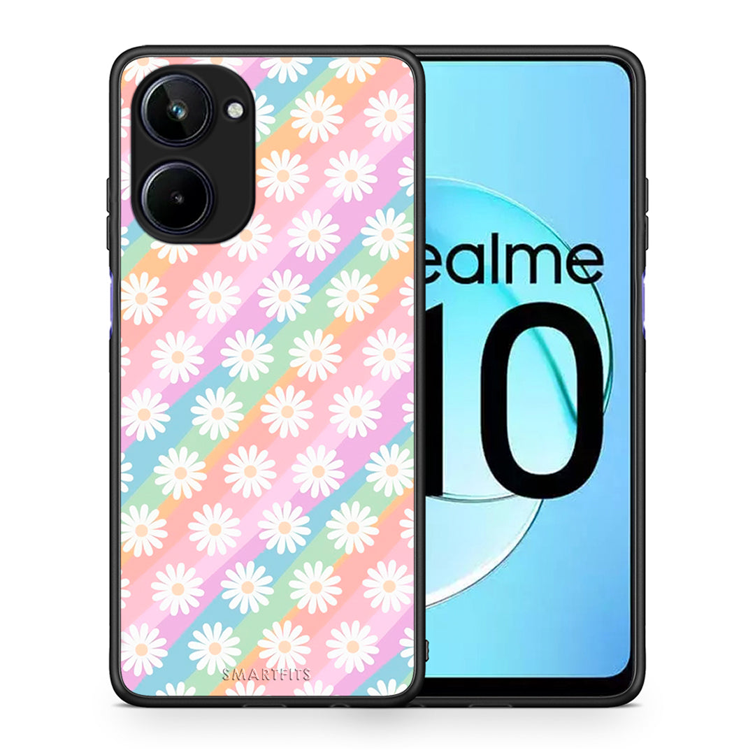 Θήκη Realme 10 White Daisies από τη Smartfits με σχέδιο στο πίσω μέρος και μαύρο περίβλημα | Realme 10 White Daisies Case with Colorful Back and Black Bezels