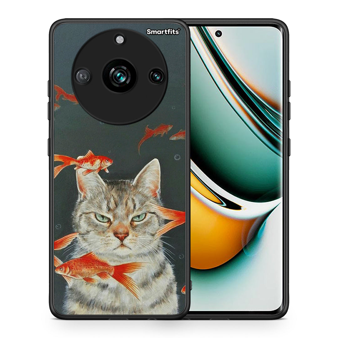 Θήκη Realme 11 Pro+ Cat Goldfish από τη Smartfits με σχέδιο στο πίσω μέρος και μαύρο περίβλημα | Realme 11 Pro+ Cat Goldfish case with colorful back and black bezels