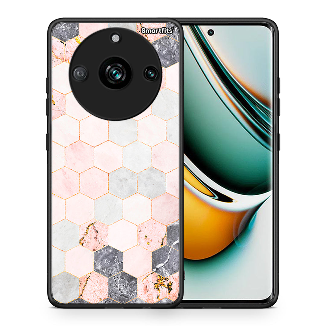 Θήκη Realme 11 Pro+ Hexagon Pink Marble από τη Smartfits με σχέδιο στο πίσω μέρος και μαύρο περίβλημα | Realme 11 Pro+ Hexagon Pink Marble case with colorful back and black bezels