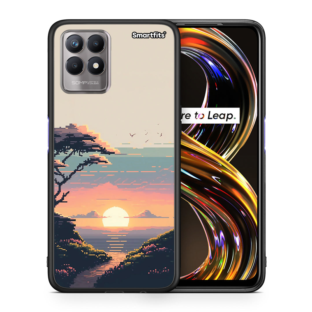 Θήκη Realme 8i Pixel Sunset από τη Smartfits με σχέδιο στο πίσω μέρος και μαύρο περίβλημα | Realme 8i Pixel Sunset case with colorful back and black bezels