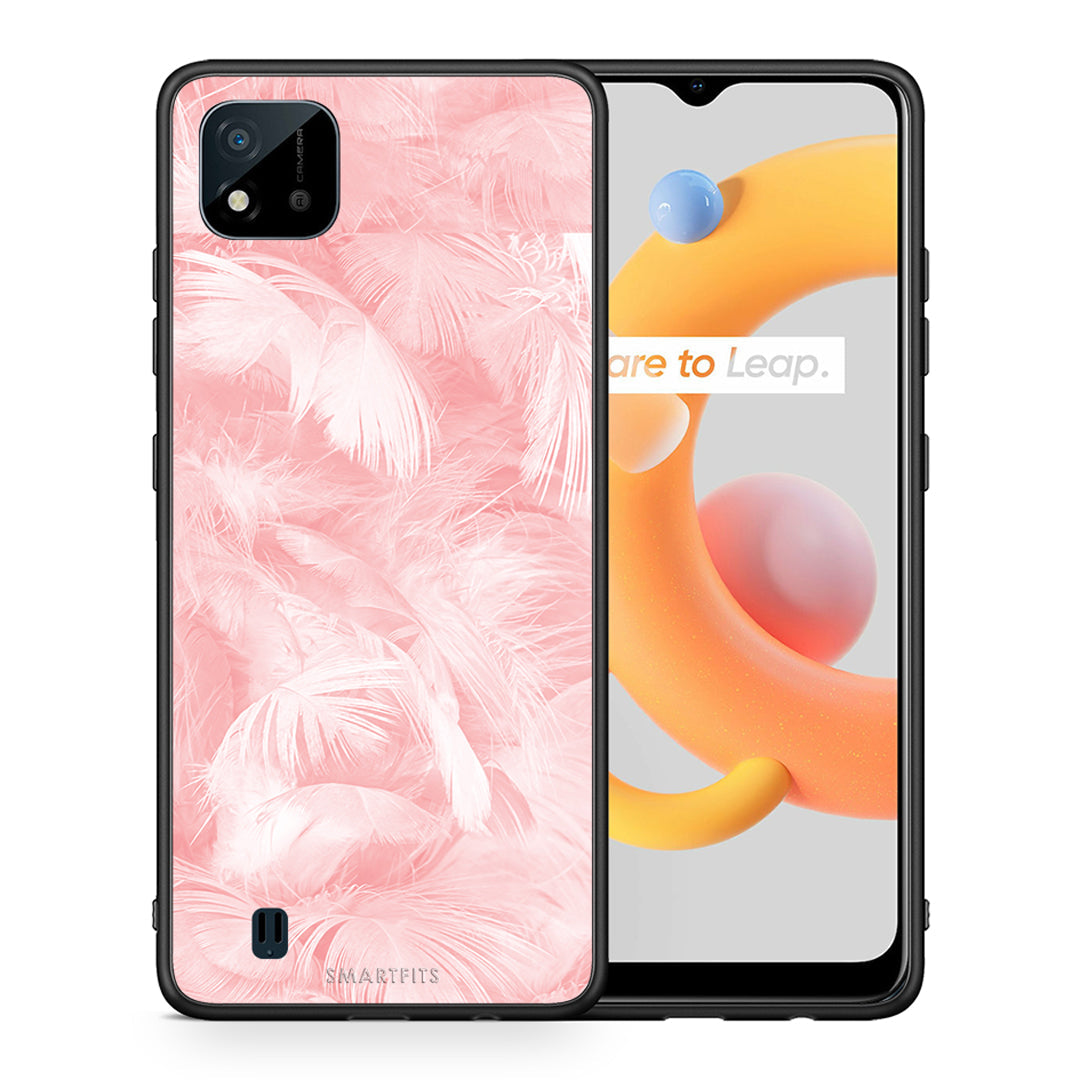 Θήκη Realme C11 2021 Pink Feather Boho από τη Smartfits με σχέδιο στο πίσω μέρος και μαύρο περίβλημα | Realme C11 2021 Pink Feather Boho case with colorful back and black bezels