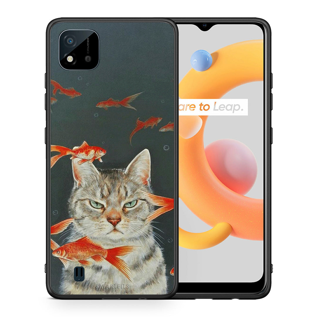 Θήκη Realme C11 2021 Cat Goldfish από τη Smartfits με σχέδιο στο πίσω μέρος και μαύρο περίβλημα | Realme C11 2021 Cat Goldfish case with colorful back and black bezels