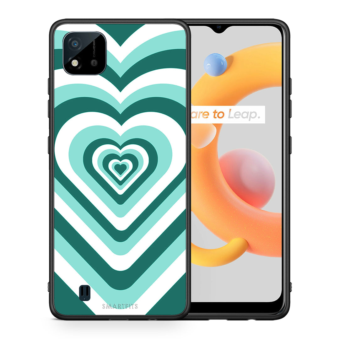 Θήκη Realme C11 2021 Green Hearts από τη Smartfits με σχέδιο στο πίσω μέρος και μαύρο περίβλημα | Realme C11 2021 Green Hearts case with colorful back and black bezels