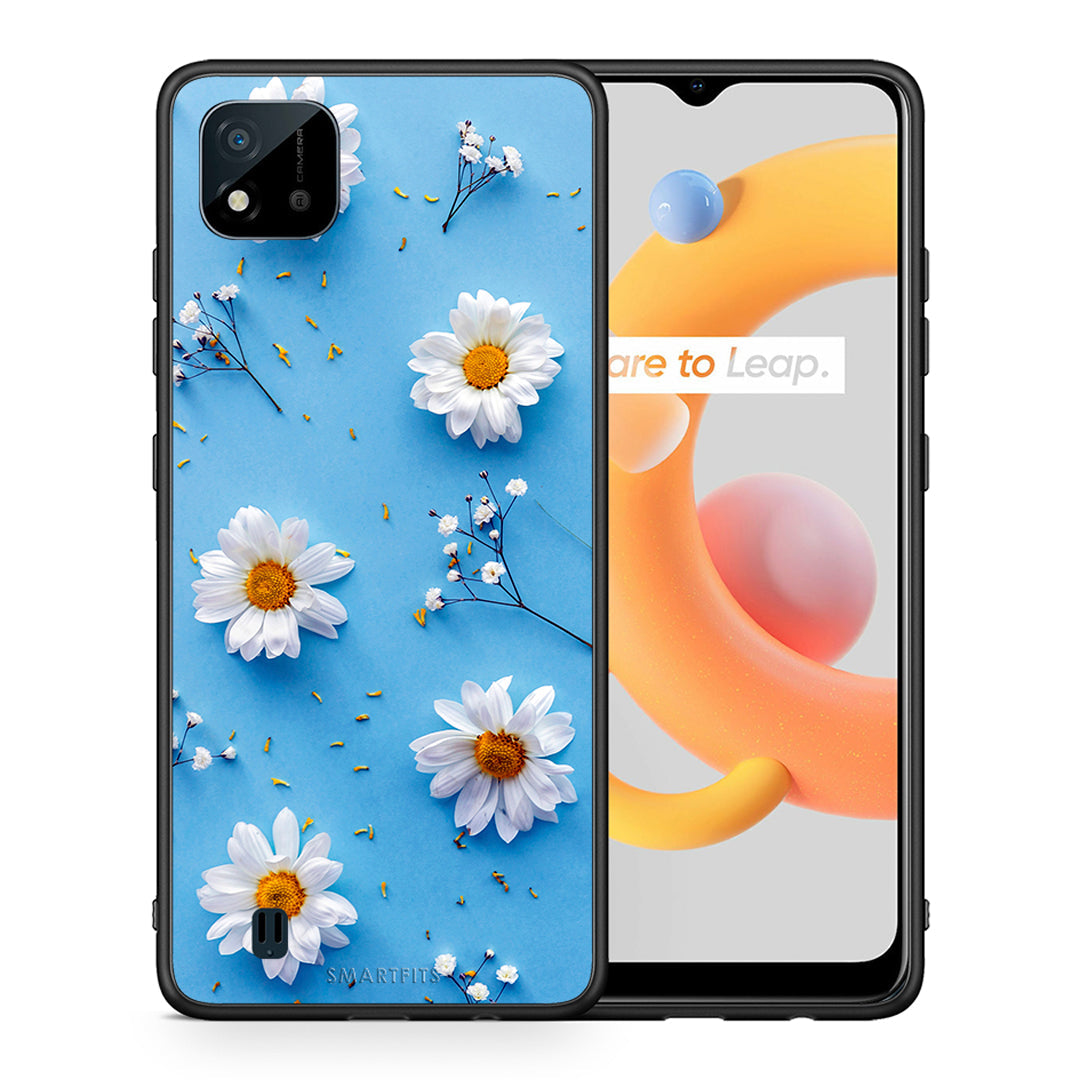 Θήκη Realme C11 2021 Real Daisies από τη Smartfits με σχέδιο στο πίσω μέρος και μαύρο περίβλημα | Realme C11 2021 Real Daisies case with colorful back and black bezels