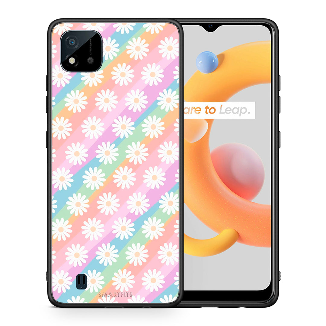 Θήκη Realme C11 2021 White Daisies από τη Smartfits με σχέδιο στο πίσω μέρος και μαύρο περίβλημα | Realme C11 2021 White Daisies case with colorful back and black bezels