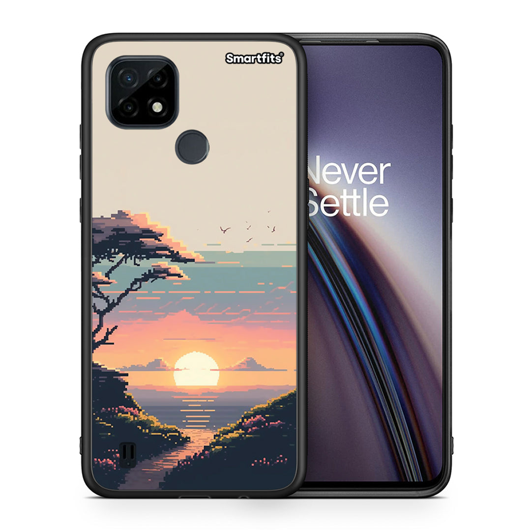 Θήκη Realme C21 Pixel Sunset από τη Smartfits με σχέδιο στο πίσω μέρος και μαύρο περίβλημα |Realme C21 Pixel Sunset case with colorful back and black bezels